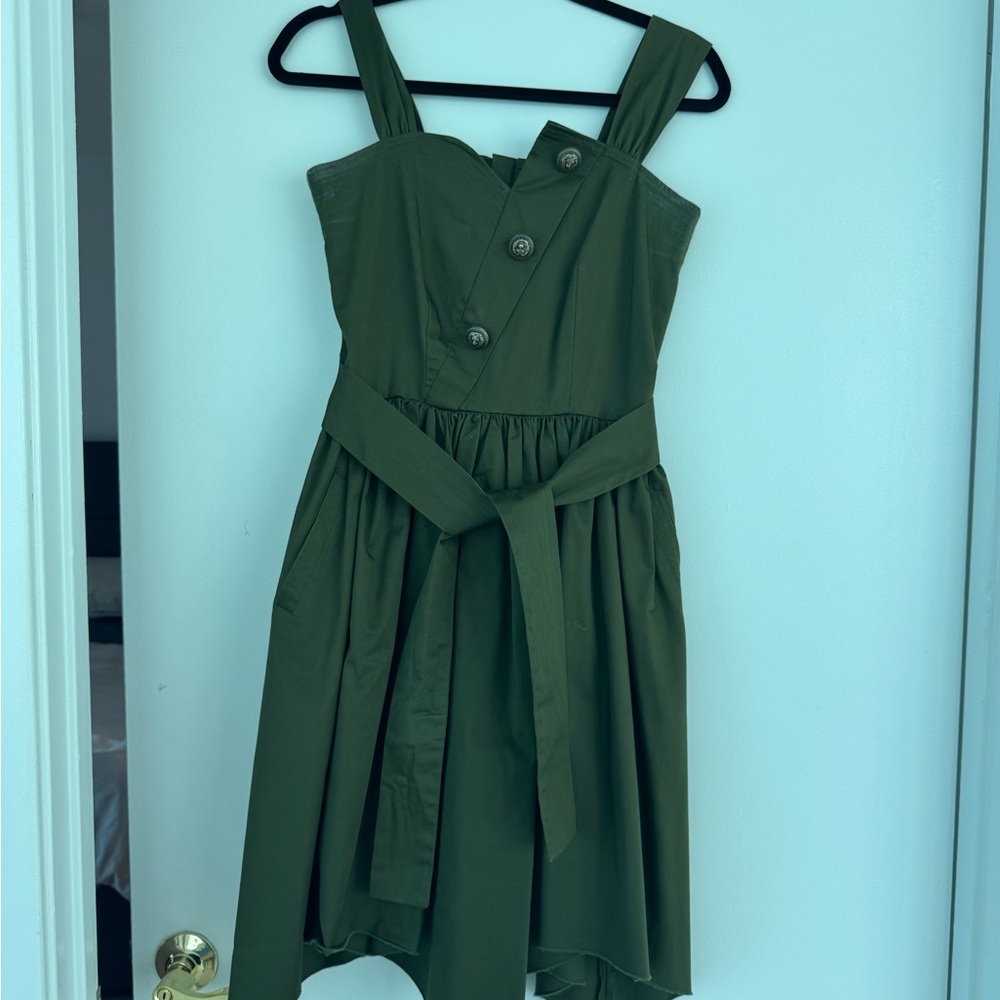 Pierre Balmain Green Pleated Sundress Asymmetrical Neckline